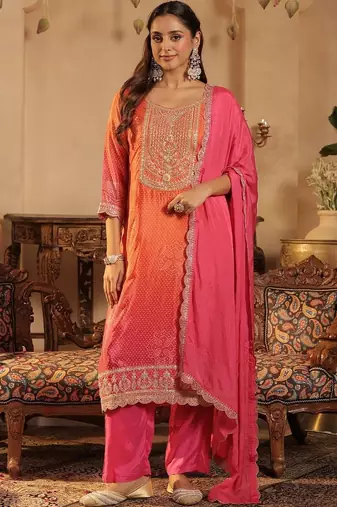 Women Ombre Dyed Regular Thread Work Kurta with Trousers & With Dupatta
