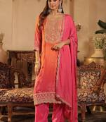 Women Ombre Dyed Regular Thread Work Kurta with Trousers & With Dupatta