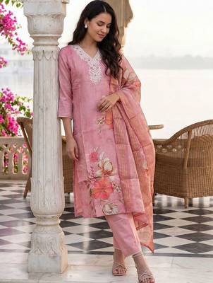 Women Floral Printed Regular Thread Work Linen Kurta with Trousers & With Dupatta 1