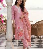 Women Floral Printed Regular Thread Work Linen Kurta with Trousers & With Dupatta