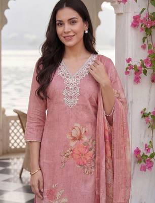 Women Floral Printed Regular Thread Work Linen Kurta with Trousers & With Dupatta 2