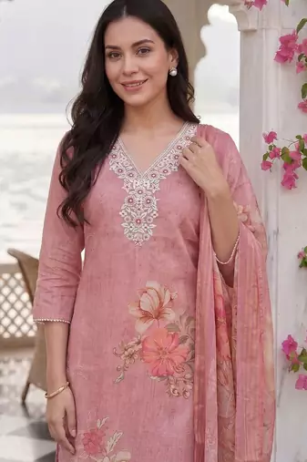 Women Floral Printed Regular Thread Work Linen Kurta with Trousers & With Dupatta