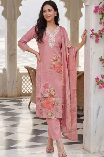 Women Floral Printed Regular Thread Work Linen Kurta with Trousers & With Dupatta