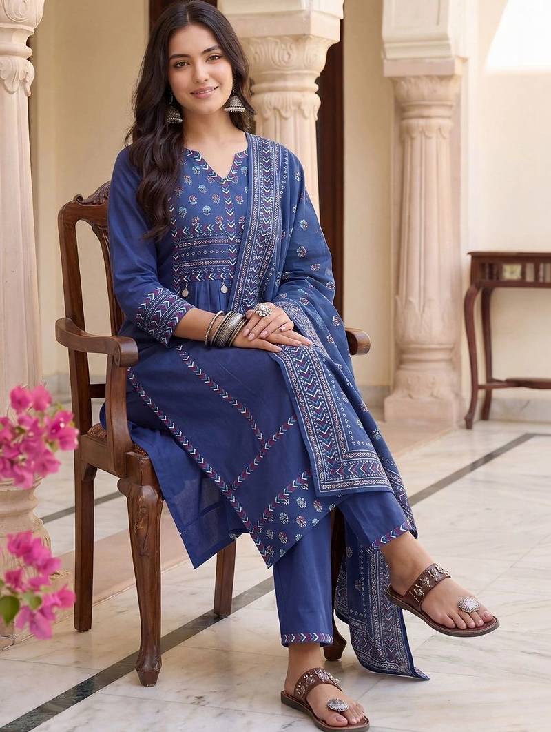 Women Ethnic Motifs Printed Regular Pure Cotton Kurta with Trousers & With Dupatta