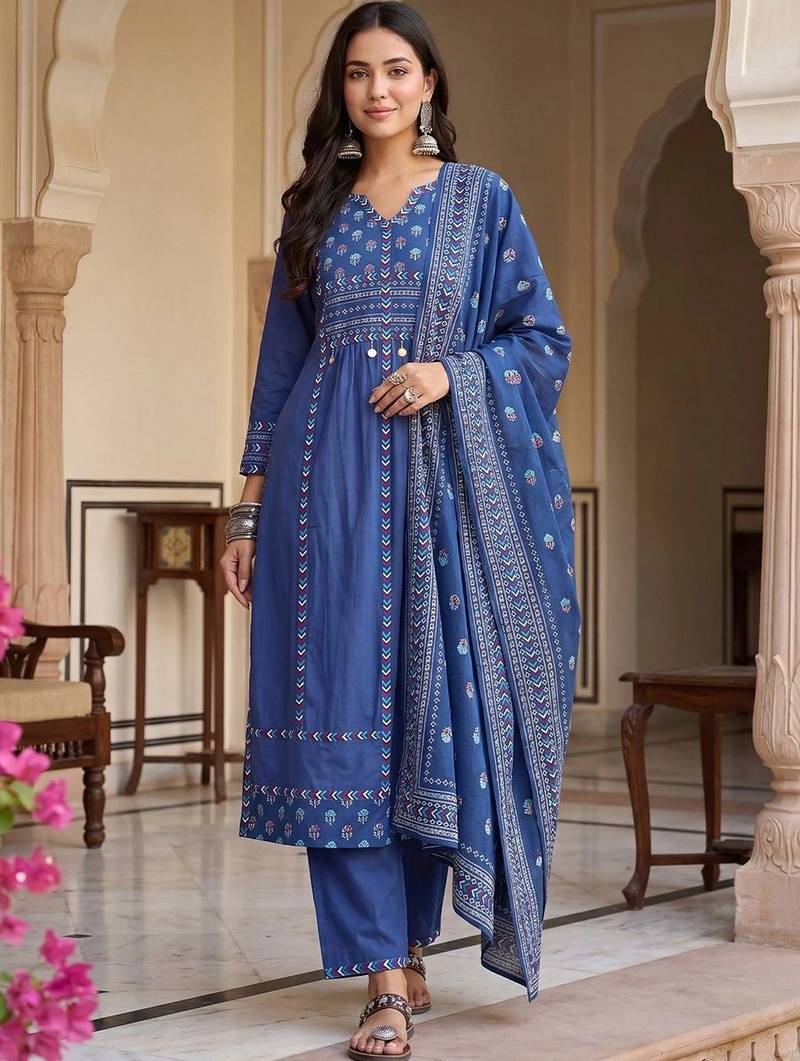 Women Ethnic Motifs Printed Regular Pure Cotton Kurta with Trousers & With Dupatta
