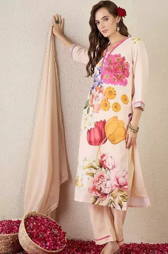 Women Floral Printed Regular Linen Kurta with Trousers & With Dupatta