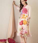 Women Floral Printed Regular Linen Kurta with Trousers & With Dupatta