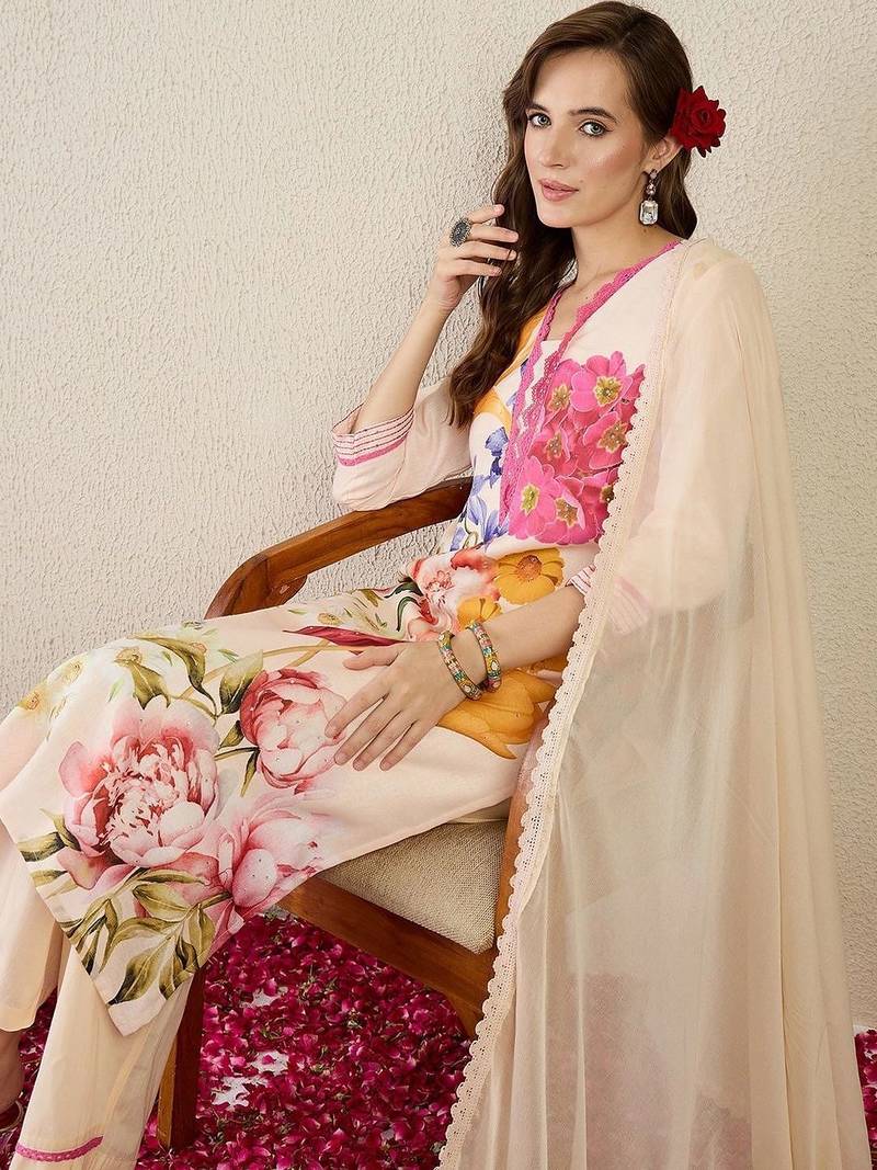 Women Floral Printed Regular Linen Kurta with Trousers & With Dupatta