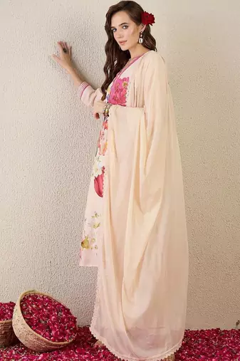 Women Floral Printed Regular Linen Kurta with Trousers & With Dupatta