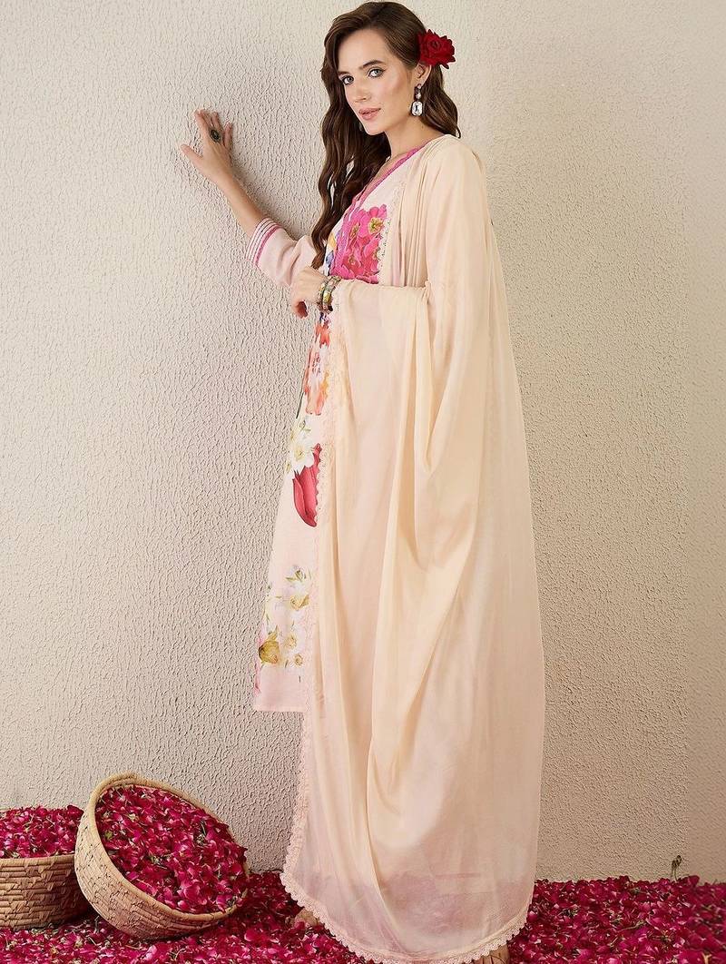 Women Floral Printed Regular Linen Kurta with Trousers & With Dupatta