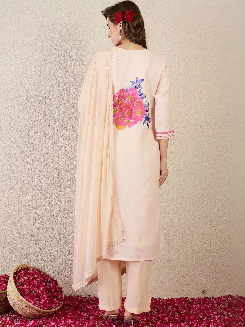 Women Floral Printed Regular Linen Kurta with Trousers & With Dupatta
