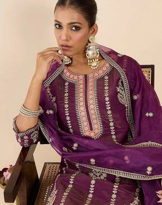 Women Ethnic Motifs Embroidered Regular Kurta with Palazzos & With Dupatta 3