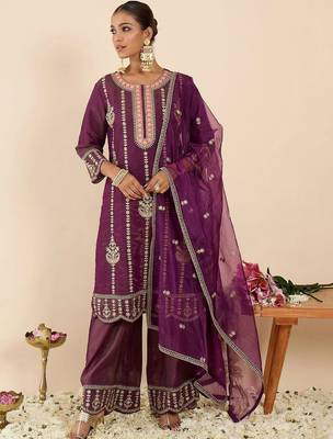Women Ethnic Motifs Embroidered Regular Kurta with Palazzos & With Dupatta 4