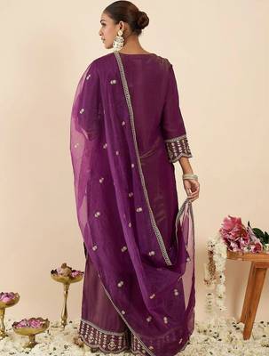 Women Ethnic Motifs Embroidered Regular Kurta with Palazzos & With Dupatta 6