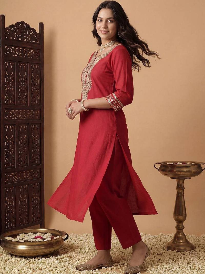 Women Ethnic Motifs Embroidered Regular Thread Work Liva Kurta with Trousers