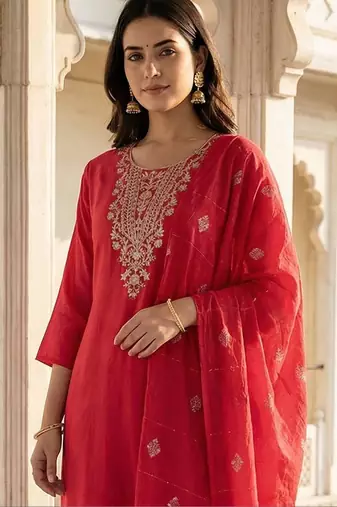 Women Ethnic Motifs Embroidered Regular Thread Work Kurta with Trousers & With Dupatta