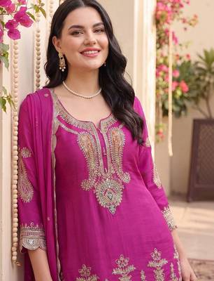 Women Ethnic Motifs Embroidered Regular Kurta with Patiala & With Dupatta 2