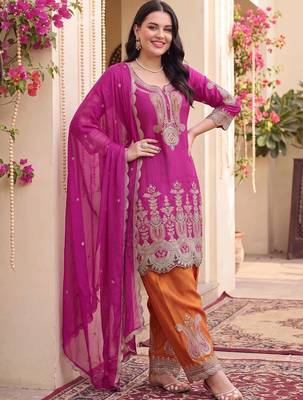 Women Ethnic Motifs Embroidered Regular Kurta with Patiala & With Dupatta 3