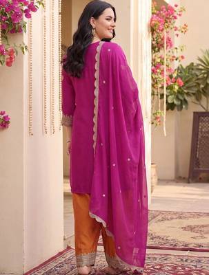 Women Ethnic Motifs Embroidered Regular Kurta with Patiala & With Dupatta 4