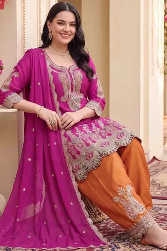 Women Ethnic Motifs Embroidered Regular Kurta with Patiala & With Dupatta