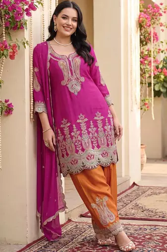Women Ethnic Motifs Embroidered Regular Kurta with Patiala & With Dupatta