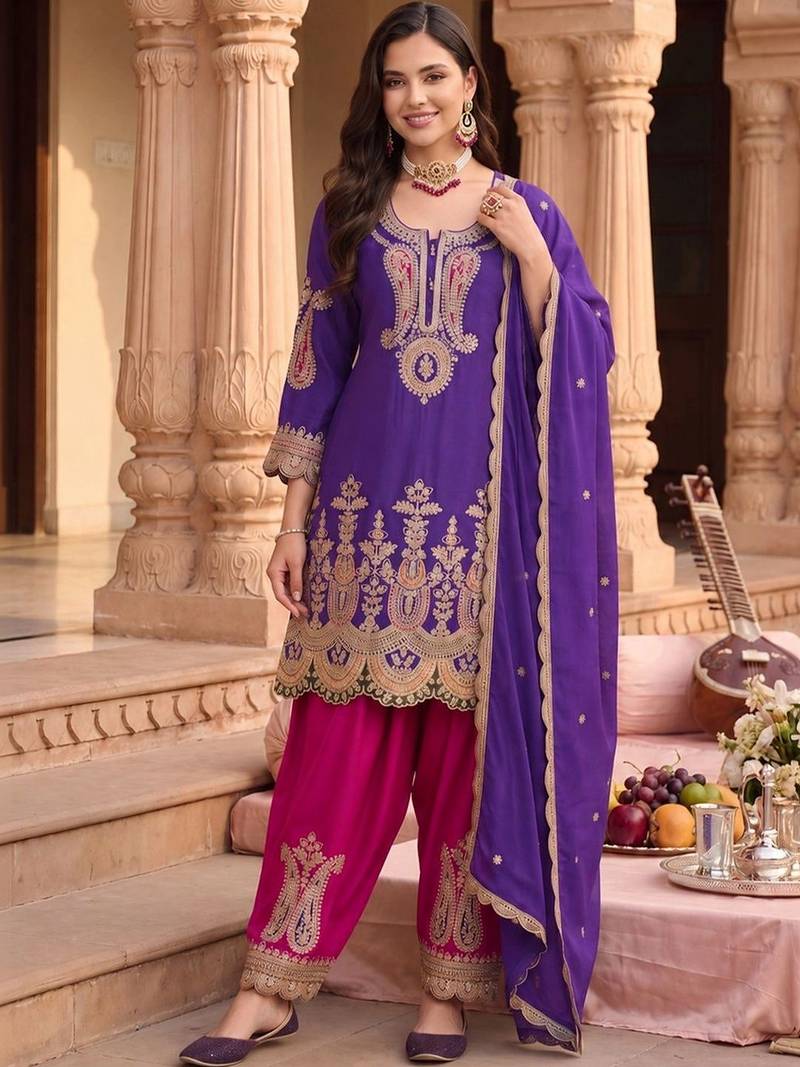 Women Ethnic Motifs Embroidered Regular Kurta with Patiala & With Dupatta
