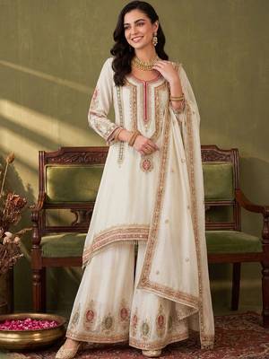 Women Ethnic Motifs Embroidered Regular Thread Work Kurta with Sharara & With Dupatta 1
