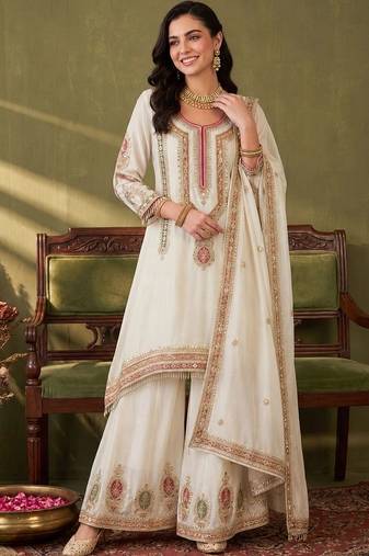 Women Ethnic Motifs Embroidered Regular Thread Work Kurta with Sharara & With Dupatta