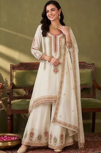 Women Ethnic Motifs Embroidered Regular Thread Work Kurta with Sharara & With Dupatta