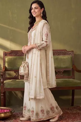 Women Ethnic Motifs Embroidered Regular Thread Work Kurta with Sharara & With Dupatta