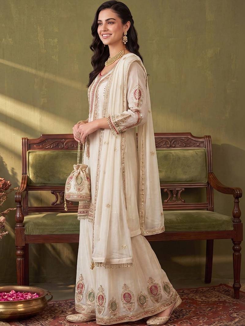 Women Ethnic Motifs Embroidered Regular Thread Work Kurta with Sharara & With Dupatta