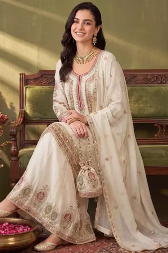 Women Ethnic Motifs Embroidered Regular Thread Work Kurta with Sharara & With Dupatta
