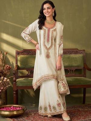 Women Ethnic Motifs Embroidered Regular Thread Work Kurta with Sharara & With Dupatta 6