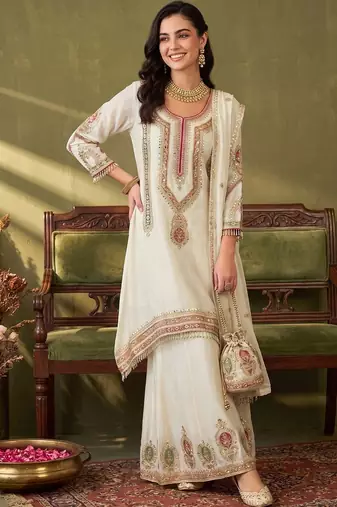 Women Ethnic Motifs Embroidered Regular Thread Work Kurta with Sharara & With Dupatta