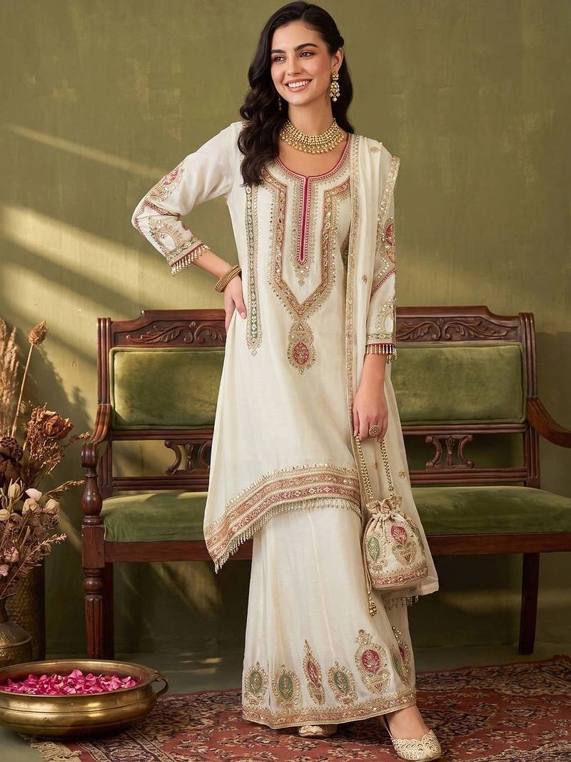 Women Ethnic Motifs Embroidered Regular Thread Work Kurta with Sharara & With Dupatta