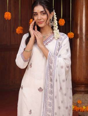 Women Ethnic Motifs Embroidered Regular Thread Work Pure Cotton Kurta with Trousers & With Dupatta 2