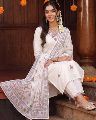 Women Ethnic Motifs Embroidered Regular Thread Work Pure Cotton Kurta with Trousers & With Dupatta 5