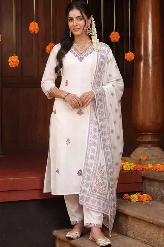 Women Ethnic Motifs Embroidered Regular Thread Work Pure Cotton Kurta with Trousers & With Dupatta