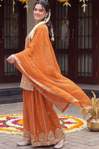Women Ethnic Motifs Embroidered Regular Kurta with Sharara & With Dupatta