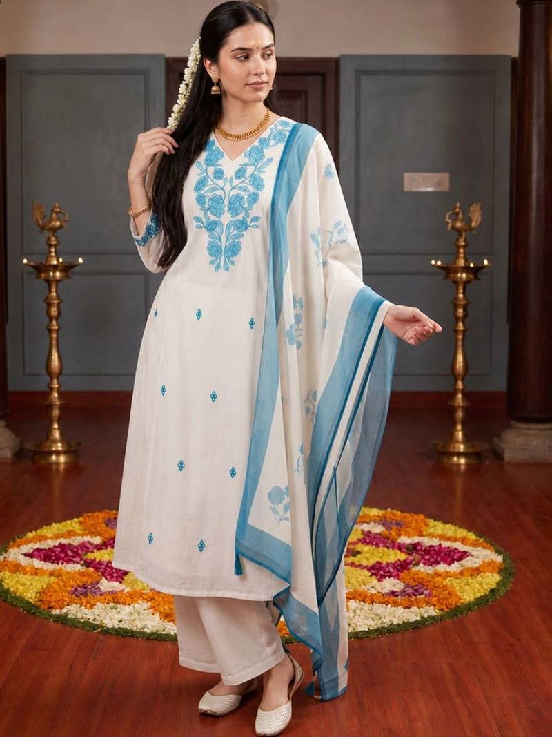 Women Floral Embroidered Regular Thread Work Kurta with Palazzos & With Dupatta