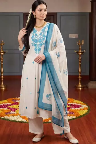 Women Floral Embroidered Regular Thread Work Kurta with Palazzos & With Dupatta
