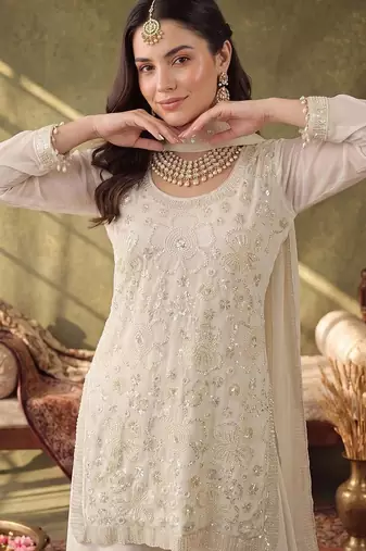 Women Ethnic Motifs Embroidered Regular Sequinned Kurta with Palazzos & With Dupatta