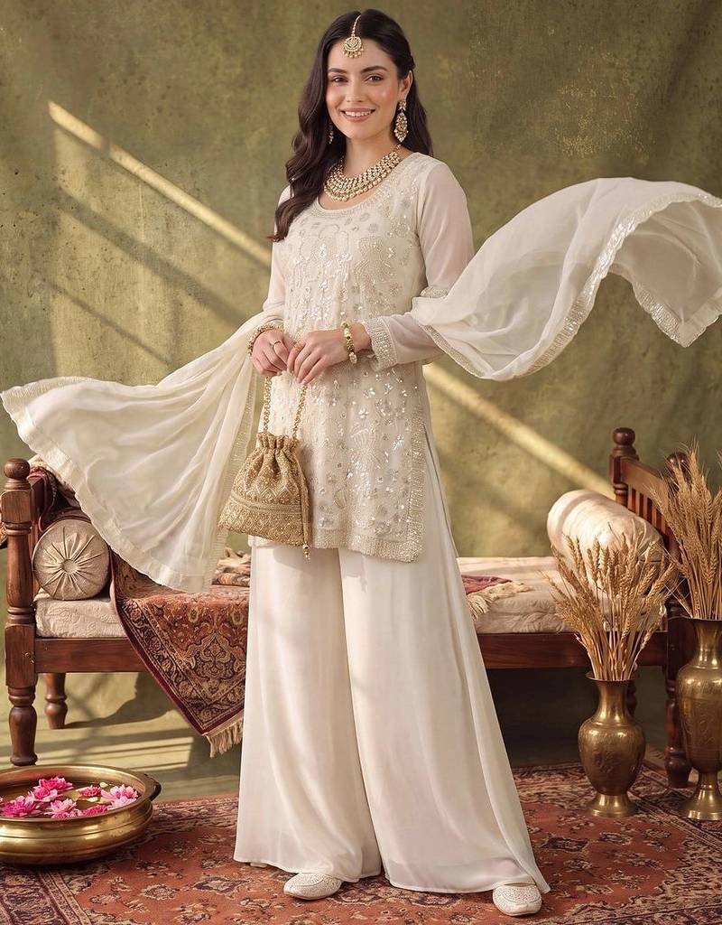 Women Ethnic Motifs Embroidered Regular Sequinned Kurta with Palazzos & With Dupatta
