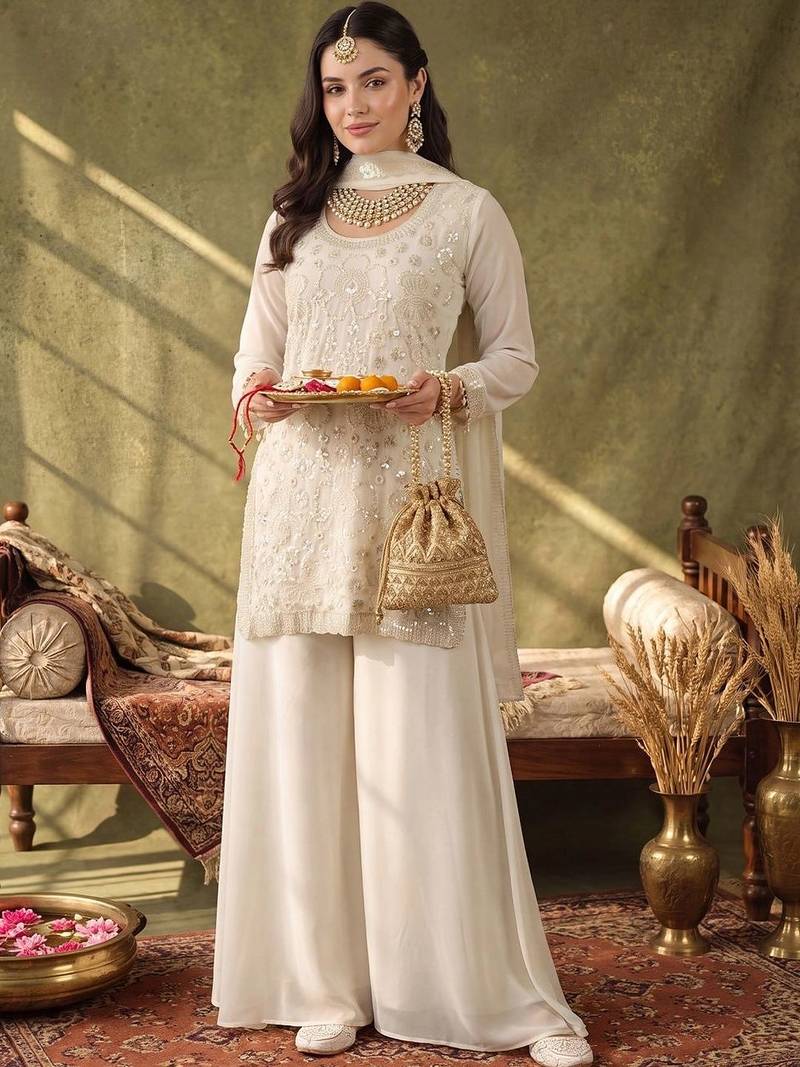 Women Ethnic Motifs Embroidered Regular Sequinned Kurta with Palazzos & With Dupatta