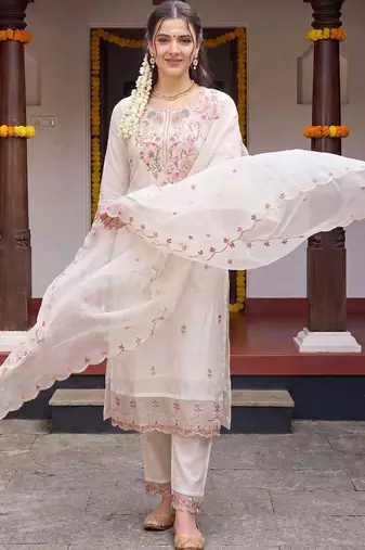 Women Floral Embroidered Regular Thread Work Kurta with Trousers & With Dupatta
