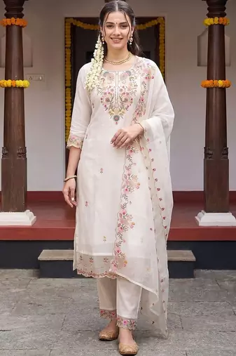 Women Floral Embroidered Regular Thread Work Kurta with Trousers & With Dupatta