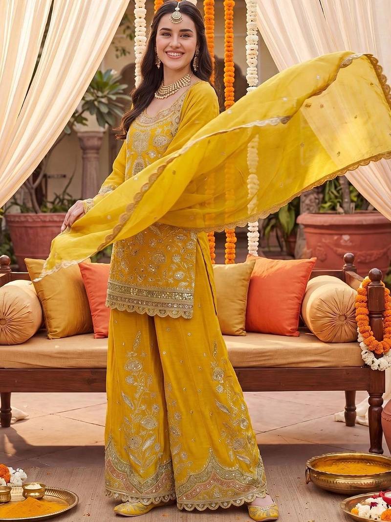 Women Ethnic Motifs Embroidered Regular Kurta with Sharara & With Dupatta