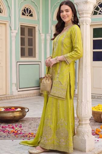 Women Ethnic Motifs Embroidered Regular Mirror Work Kurta with Sharara & With Dupatta