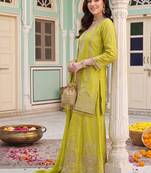 Women Ethnic Motifs Embroidered Regular Mirror Work Kurta with Sharara & With Dupatta