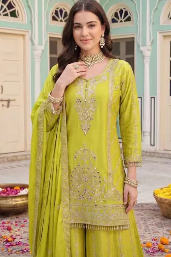 Women Ethnic Motifs Embroidered Regular Mirror Work Kurta with Sharara & With Dupatta